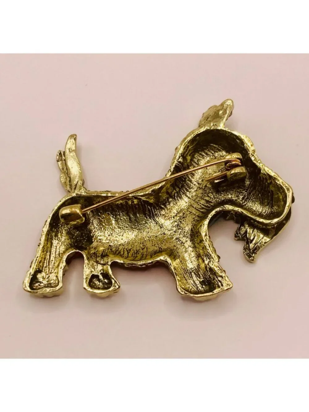 Scottie Dog Rhinestone Brooch Pin Red Gold Blue Sparkle -27B